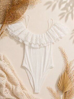 Zara White Eyelet Ruffle Bodysuit Size M Off Shoulder Boho Top NWT